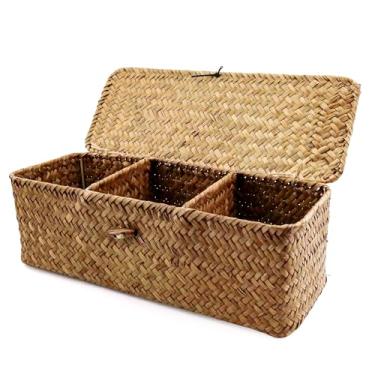 Imagem de Cesta de armazenamento de algas marinhas com tampa – cesta de vime seccionada, pequeno organizador de tecido para produtos de higiene pessoal/tampões, cesta de algas marinhas para banheiro, balcão de
