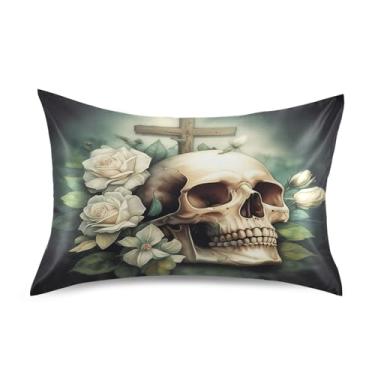 Imagem de Qilmy Fronhas de cetim crânio e rosa branca, fronha de seda respirável macia com fecho de envelope para sofá-cama, tamanho padrão 66 x 50 cm