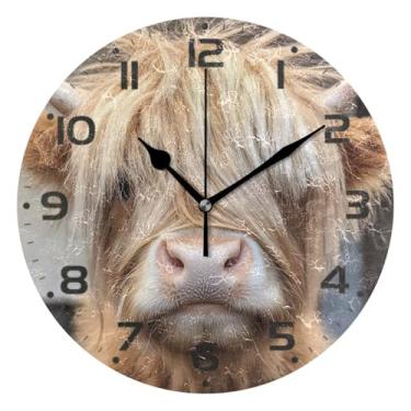 Imagem de JUZIHAI Relógio de parede Bangs Highland Cow, silencioso, sem tique-taque, redondo, operado por bateria, fácil de ler, relógio decorativo de parede para casa, cozinha, sala de estar, quarto