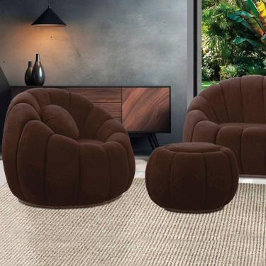 Imagem de Poltrona Decorativa Orgânica Giratória Com Puff Cloud Bouclê Marrom E03 - D'rossi