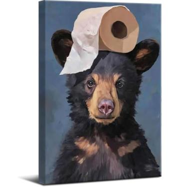 Imagem de Arte de parede em tela de banheiro de urso preto engraçado emoldurado - urso com impressão em tela de papel higiênico, decoração engraçada de humor de berçário, pronto para pendurar, 30 x 40 cm