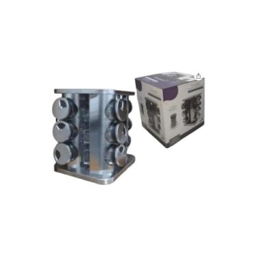 Imagem de Porta Condimentos Giratório com 12 Potes, Base Bambu e Inox, Capacidade 90ml, Design Moderno, 21,5x19,5cm