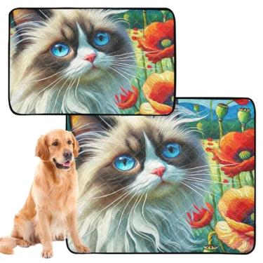 Imagem de Almofadas de xixi para cães reutilizáveis para gatos de estimação Ragdoll gato papoula floral absorvente filhote de cachorro tapete de gaiola de cachorro fofo, médio + grande, conjunto de 2
