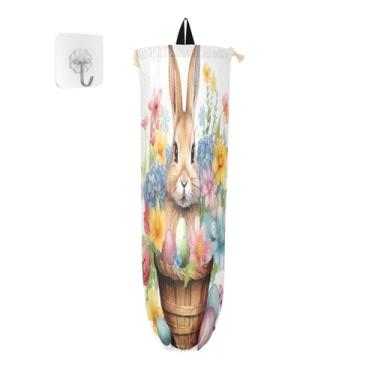 Imagem de Coelho coelho na cesta com porta-sacolas plásticas de flores, suporte de parede para bolsa de supermercado, organizador de bolsa de armazenamento de cozinha, 1 pacote