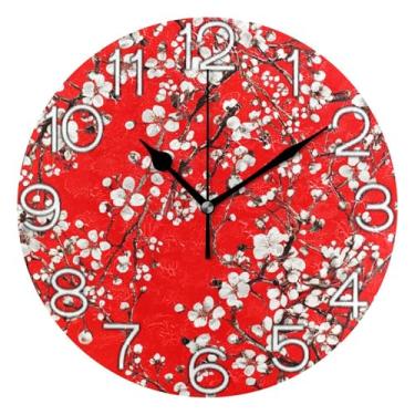 Imagem de GAIGEO Relógio de parede decorativo analógico estético silencioso sem tique-taque relógio de cozinha de escritório, decoração de casa, galhos de flores, vermelho, 25 cm, ponteiros pretos
