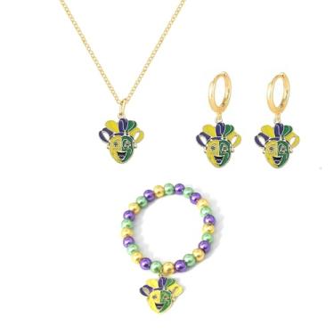 Imagem de QLUYCKW Mardi Gras Colar Brinco Pulseira Conjunto para Mulheres Carnaval Coroa Máscara Chapéu Pingente Colar Roxo Verde Ouro Contas Pulseiras Elásticas Carnaval Feriado Charme Acessório Joias, Medium