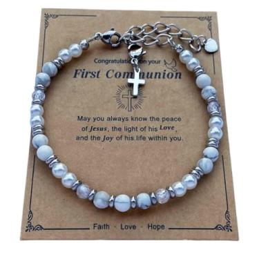 Imagem de DOLON Pulseira de primeira comunhão com contas de 4 mm com pingente de cruz de aço inoxidável, presente de Páscoa para filha, neta, irmã, Medium, Pedra, Sem Pedra Preciosa