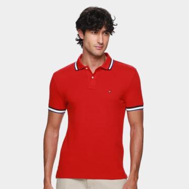 Imagem de Camisa Polo Tommy Hilfiger Slim Fit Cuff Interest Masculina, Vermelho,