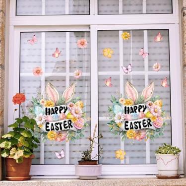 Imagem de Decoração de adesivos de janela de ovo de coelhinho da Páscoa, adesivos estáticos de dupla face para vidro, decalques removíveis de festa de férias de primavera de desenho animado para casa, sala de