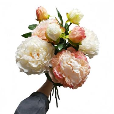 Imagem de XZJMY Peônia de seda sintética, flores artificiais, 4 peças, flores de peônia com caules, peônias florais vintage falsas para casamento, noiva, buquê, mesa, centro de mesa, decoração de festa em casa