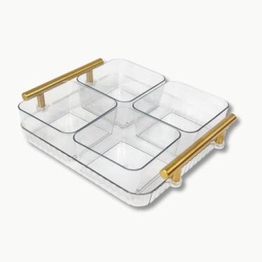 Imagem de Petisqueira Luxo 4 Divisórias com Alças Douradas | Acrílico Premium Transparente 21x20cm para Servir Doces, Frios e Snacks com Estilo na Mesa de Centro ou Festas