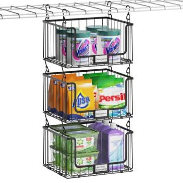 Imagem de Pacote com 3 cestos de lavanderia, prateleiras de arame para economia de espaço na lavanderia - Suporte de cesto de metal para lavanderia, 36 cm P x 26 cm L, preto
