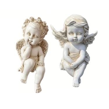 Imagem de CDHZYQ Estátua retrô de resina em ângulo branco, linda estátua de querubim para ambientes internos e externos, decoração de jardim, asas de anjo, coleção de ornamentos (conjunto de 2)