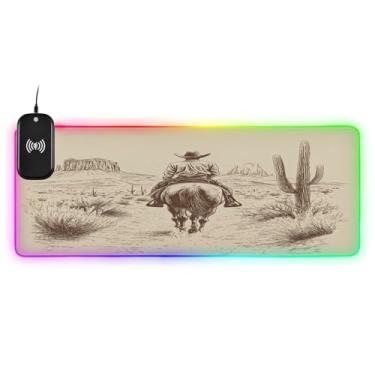 Imagem de CEBUGI Tapete de mouse de carregamento sem fio Cowboy Riding 15W Fast Gaming Mouse Pad com 14 iluminação LED RGB para jogos, PC, laptop, mesa 80 x 30 cm