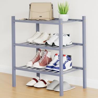 Imagem de Smiry Sapateira, organizador de sapatos de bambu pequeno de 3 níveis, prateleira empilhável de madeira para armário, entrada, entrada da porta da frente, cinza