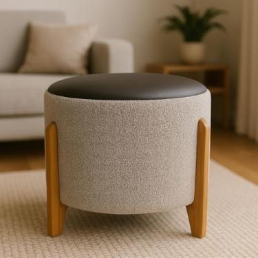 Imagem de Puff Soft Bouclé Banqueta Assento Elegante com Couro e Pés de Madeira para Sala e Quarto (BOUCLE BEGE)