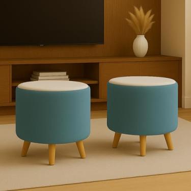 Imagem de Kit 2 Puffs Manu Tecido Boucle Estilo Clássico com Assento em Corino Pés em Madeira (2 AZUL/OFF WHITE)