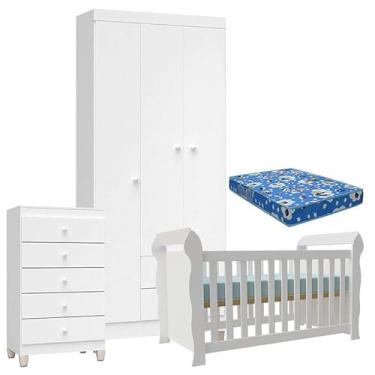 Imagem de Quarto de Bebê 3 Portas com Gaveteiro Ternura Baby e Berço Lara Branco Brilho com Colchão - Incorplac