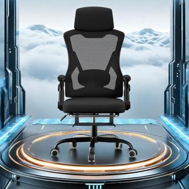 Imagem de Cadeira de Escritório Ergonômica Giratória Reclinável 145° com Apoio para Pés Retrátil, Encosto em Mesh Respirável, Suporte Lombar Ajustável, Cabeceira XXL, Estrutura Reforçada Até 300kg (Preto)