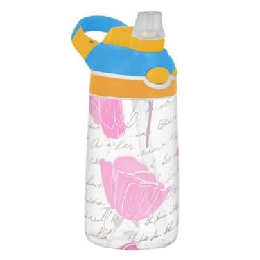 Imagem de Garrafa de água infantil rosa com letras brancas com canudo 473 ml Tritan 473 ml Garrafa de água de plástico à prova de vazamento, copo infantil portátil, reutilizável, alça de transporte