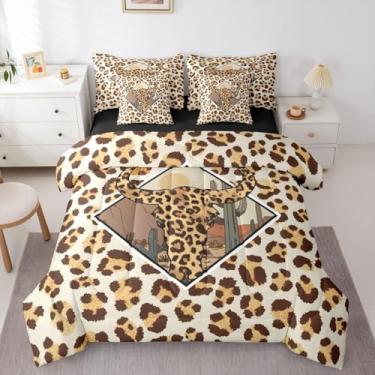 Imagem de Conjunto de edredom Queen com estampa de leopardo marrom para crianças, meninos, cama de caveira de touro chita ocidental em uma bolsa para adolescentes e meninas, conjunto de cama de 7 peças, caubói
