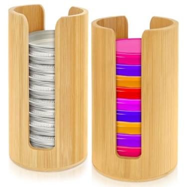 Imagem de Pacote com 2 organizadores de tampa de pote de pedreiro, armazenamento de tampa de pote feito de bambu, suportes de armazenamento verticais para tampas de pedreiro/tampas de conserva/tampas de bambu