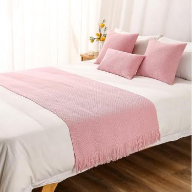 Imagem de Corredor de cama de malha, cobertor de malha com borla, capa decorativa para lençol, sofá de cor sólida para cama de casal e cama king size - rosa | 65 x 180 cm (cama de 1,2 m)