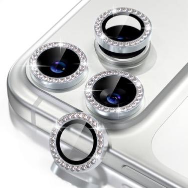 Imagem de Misea Compatível com iPhone 17 Pro/iPhone 17 Pro Max protetor de lente de câmera Bling, 9H vidro temperado protetor de tela de metal anel individual acessórios de decoração, diamante prata