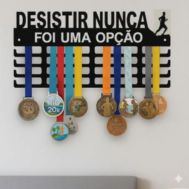 Imagem de Porta Medalhas Corrida, Suporte para 40 Medalhas, MDF Preto, Frase Motivacional Desistir Nunca Foi Uma Opção (Masculino)
