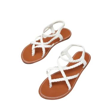 Imagem de GORGLITTER Sandálias femininas trançadas com tiras trançadas e tiras cruzadas no tornozelo, casual, verão e praia, Branco, 36
