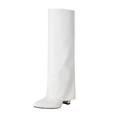 Imagem de Botas femininas de cano longo de inverno com bico fino sólido e salto grosso na altura do joelho, Branco, 35