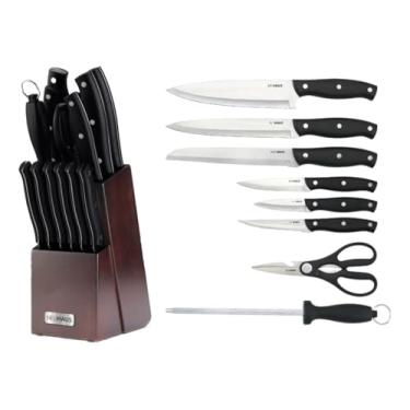 Imagem de NEUHAUS JOGO DE FACAS EM AÇO INOXIDÁVEL 14 PEÇAS NEXUS - 1 FACA DO CHEF, 1 FACA DE FATIAR, 1 FACA DE PÃO, 1 FACA UTILITY, 1 FACA DE DESCASCAR, 6 FACAS PARA CARNES, 1 CHAIRA, 1 CEPO DE MADEIRA