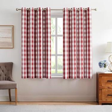 Imagem de Amzdecor Cortinas blecaute xadrez de búfalo branco vermelho 153 cm de comprimento para quarto, sala de estar, fazenda, cortinas estampadas, isolamento térmico, isolamento acústico, ilhós, tratamento