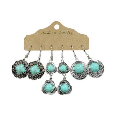 Imagem de Brincos Pendentes De Flor Com Incrustações De Turquesa, Estilo Étnico,