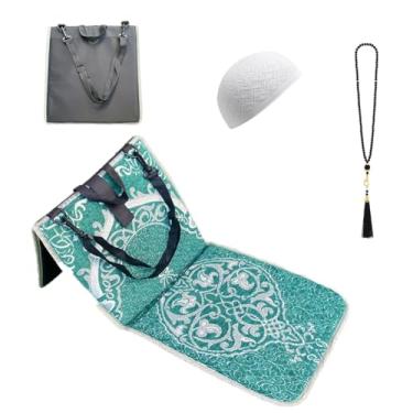 Imagem de Qianliniuinc Tapete de oração portátil, tapete de oração dobrável com encosto, tapete de oração islâmica de 36 x 78 cm, inclui chapéu Kufi e 99 contas Tasbih, tapete de meditação para muçulmanos