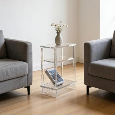 Imagem de Mesa de canto de acrílico transparente estreita mesa de cabeceira com prateleira - mesa lateral moderna para sala de estar, quarto, armazenamento de escritório em casa, móveis pequenos