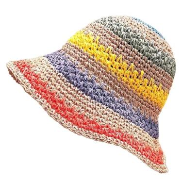 Imagem de Chapéu de palha para mulheres, viseira de sol de verão, feito à mão, crochê, aba grande, chapéu de praia, chapéu de sol feminino moderno