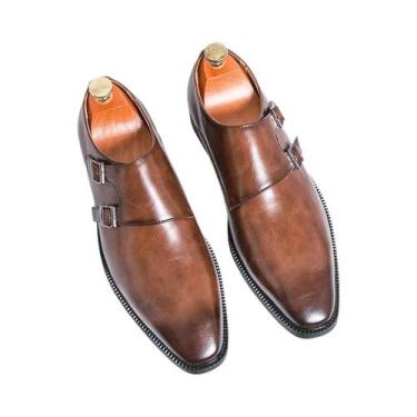 Imagem de Sapatos Monk De Couro Retro Masculinos Com Bico Fino E Fivela, Confort