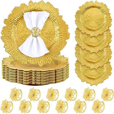 Imagem de Dandat Conjunto de 12 placas carregadoras com anel de guardanapo de 33 cm de placa de plástico de recife fosco redondo carregador de borda com babados, suporte de guardanapo de flores vazado para mesa