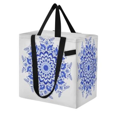 Imagem de SEHANY Sacolas de compras reutilizáveis de porcelana azul e branca com alças reforçadas, bolsa de compras de lona dobrável à prova d'água de grande capacidade para viagem, cozinha, praia