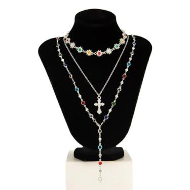 Imagem de tincolia Joias de luxo com pingente de cruz em forma de coração, design em camadas de cristal, gargantilha de flor pequena incrustada de diamante