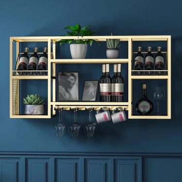 Imagem de Rack de vinho moderno de metal montado na parede, prateleiras de vinho flutuantes com cabide de taças, suporte de armazenamento de exibição de bebida de vinho industrial pendurado, suporte de garrafa