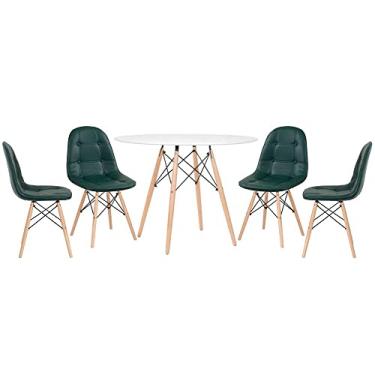 Imagem de Loft7, Mesa redonda Eames 100 cm branco + 4 cadeiras estofadas Eiffel Botonê Verde escuro