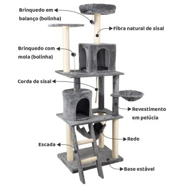 Imagem de Arranhador de gato grande, luxuoso, multifuncional com casas, cama de pelúcia, cesto, rede, poleiros e brinquedos