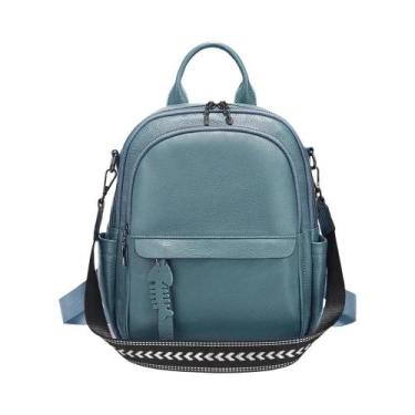 Imagem de Mochila De Couro Genuíno Azul Com Múltiplos Bolsos, Bolsa Conversível 