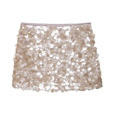 Imagem de Saia Mini Elegante Feminina De Cintura Alta Com Lantejoulas, Ajuste Ju