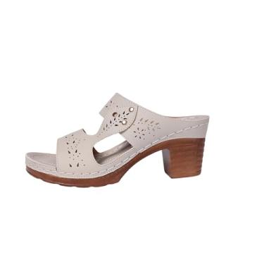 Imagem de Sandálias femininas elegantes e casuais de verão sólidas com salto alto e boca de peixe, confortáveis e respiráveis, Bege, 35