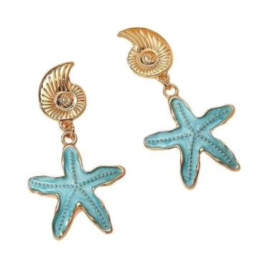 Imagem de Brincos Pendentes De Concha E Estrela-do-mar Dourados Estilo Retrô Par