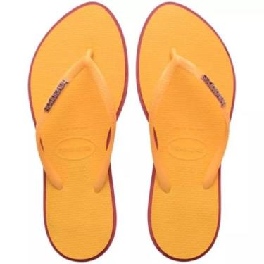 Imagem de Havaianas Chinelo Slim Point Feminino, Amarelo Cajá com Borda Bordô, Tiras Finas (Amarelo Cajá, BR, Adulto, Faixa Numérico, M, 41, 42)