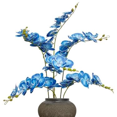 Imagem de ATFL Pacote com 6 flores artificiais de orquídea, toque real, 81 cm, buquês artificiais de seda falsa para festa de casamento, decoração de jardim, orquídeas artificiais para decoração (6, azul)